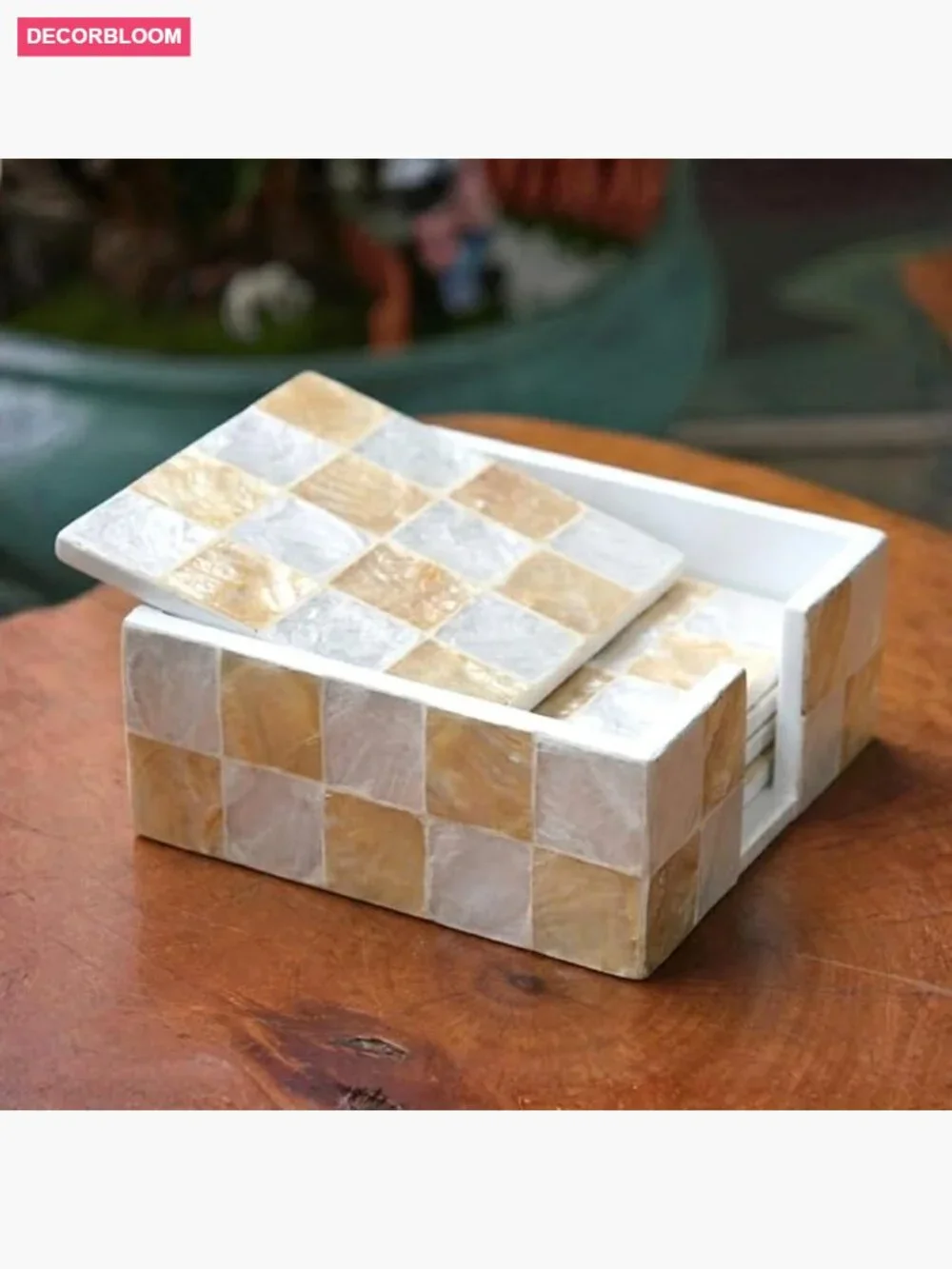 Set of 6 Capiz Shell Checkered Coasters with Holder